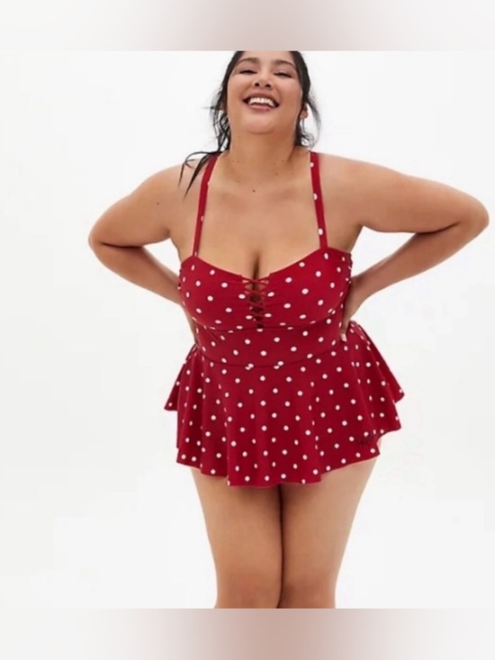 Disney Other - Disney Minnie Mouse Red Retro Lattice-Front Peplum One-Piece Swimsuit Size 16